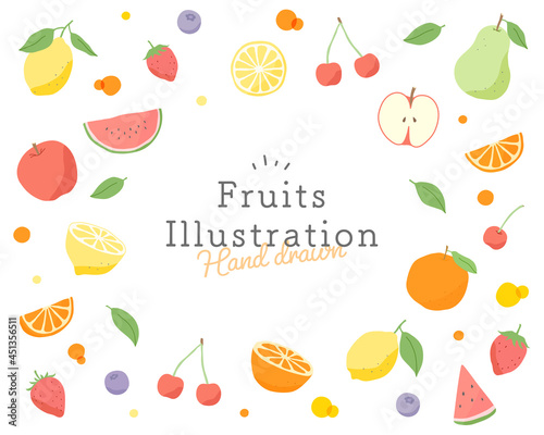 フルーツのイラストのフレーム 果物 背景 テンプレート 果実 かわいい 手描き リンゴ イチゴ Wall Mural Yugoro