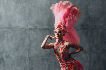 Woman in samba or lambada costume with pink feathers plumage.