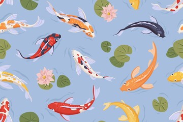 Seamless pattern with Japanese koi fish in pond. Chinese carp background. Endless repeatable Japan texture. Printable oriental backdrop. Colored flat vector illustration for printing and decoration