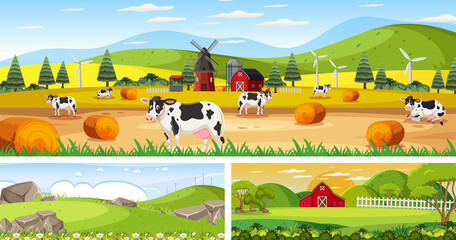 Outdoor panoramic landscape scenes set with cartoon character