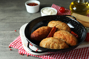 Concept of tasty food with cutlets, close up