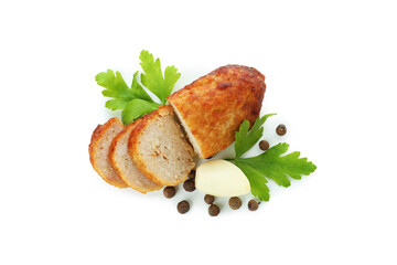 Cutlet, peppercorns, garlic and parsley isolated on white background