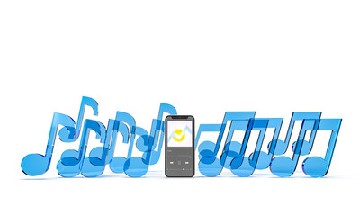 Music and a track are playing on the smartphone. Next to the blue symbols of the note. White background.