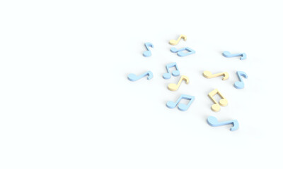 Bright matte symbols of the yellow, blue notes. Top view. Composition on the topic of music, sound, hobbies, training. 3d rendering of the illustration.