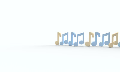 Bright matte symbols of the yellow, blue notes. Composition on the topic of music, sound, hobbies, training. 3d rendering of the illustration.