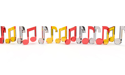 Bright glass symbols of the red, yellow notes. Composition on the topic of music, sound, hobbies, training. 3d rendering of the illustration.