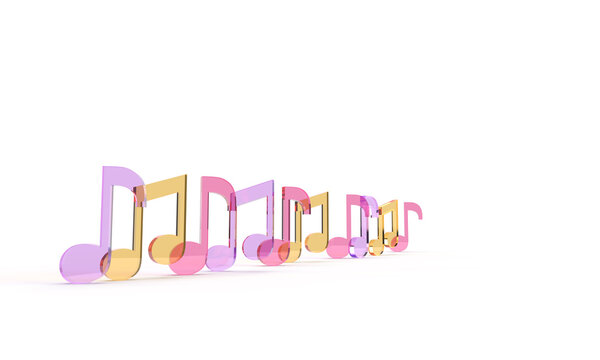 Bright glass symbols of the pink, purple, yellow notes. Composition on the topic of music, sound, hobbies, training. 3d rendering of the illustration.