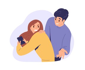 Angry jealous woman spying with her husband's phone, unfaithful man liar cheating. Jealousy and distrust in romantic couple relationship concept. Flat vector illustration isolated on white background - obrazy, fototapety, plakaty