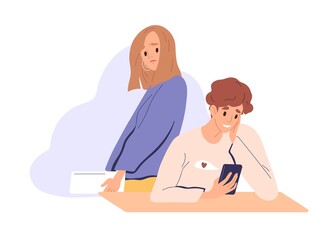 Sad jealous woman suffer from unrequited love, looking at man's phone and spying while her beloved with smartphone messaging online and cheating. Flat vector illustration isolated on white background - obrazy, fototapety, plakaty