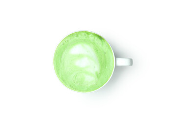 Cup of matcha latte isolated on white background