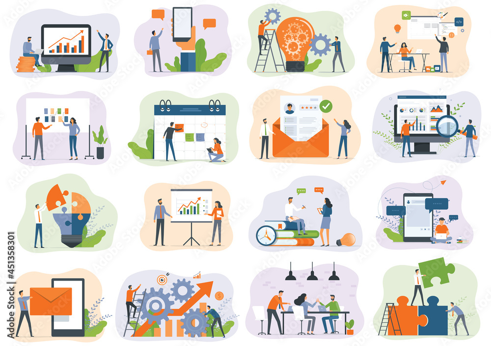 Aufkleber set of vector business illustration design concept. business marketing team plan meeting. people wor