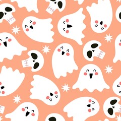 Halloween seamless pattern with cartoon ghost, skull, decoration elements. Colorful vector flat style. holiday theme. hand drawing. design for fabric, print, wrapper, textile