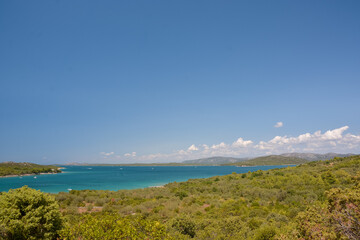 Fototapeta na wymiar idyllic seascape near murter in croatia with green bushes in the foreground and crystal blue sea