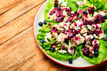 Chicken breast salad, greens, blueberries
