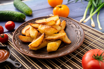 Fried potatoes in large pieces on a plate on the table with different vegetables.