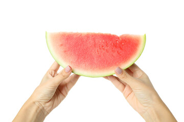 Female hands hold watermelon slice, isolated on white background