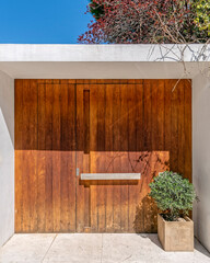 modern house front entrance wooden door  with flowerpot by the sidewalk, Athens Greece