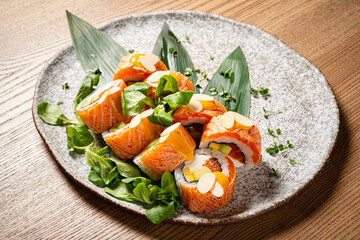 sushi set on the wooden background