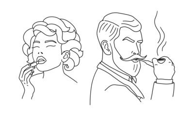 Retro lady and gentleman. A bearded man with a pipe and a woman with lipstick. Outline sketch. Elegant classic style couple. Vector illustration.