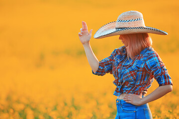 sexy cowboy girl in hat, country style summer american west
