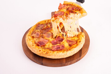 Pizza party. Hand picking slice of pizza.