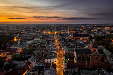 Aerial view of Old Town (Grodzka Street) in Krakow at night