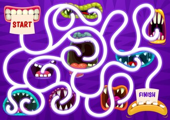 Kids search way game with monsters open toothy maws. Children find path exercise, cartoon vector child labyrinth activity with spooky creatures open mouth with sharp teeth and tongue in saliva © Vector Tradition