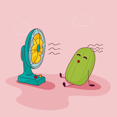 Funny hand-drawn illustration of a cactus cooling under a fan. The cactus is hot, stuffy, the fan is working.