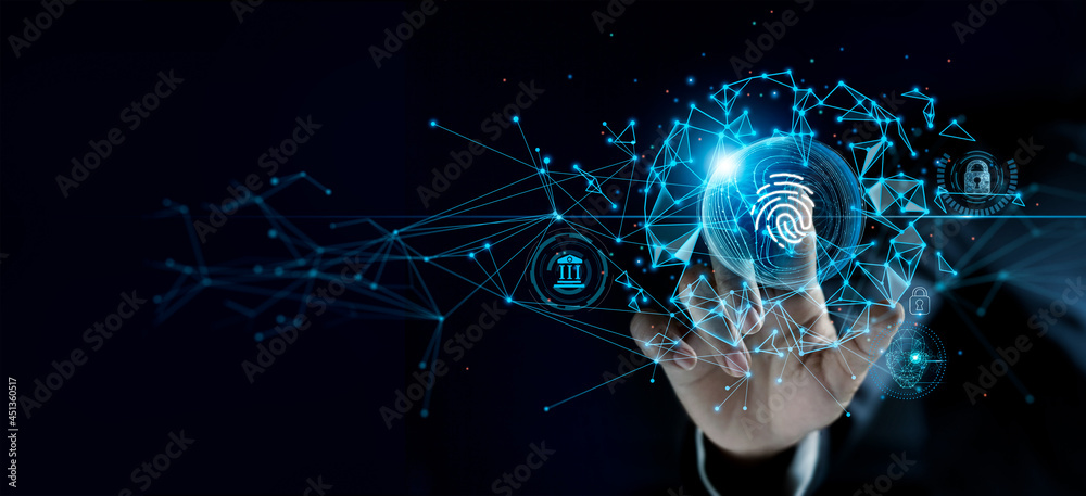 Aufkleber .cyber security, internet security online, businessman touching fingerprint identification to access