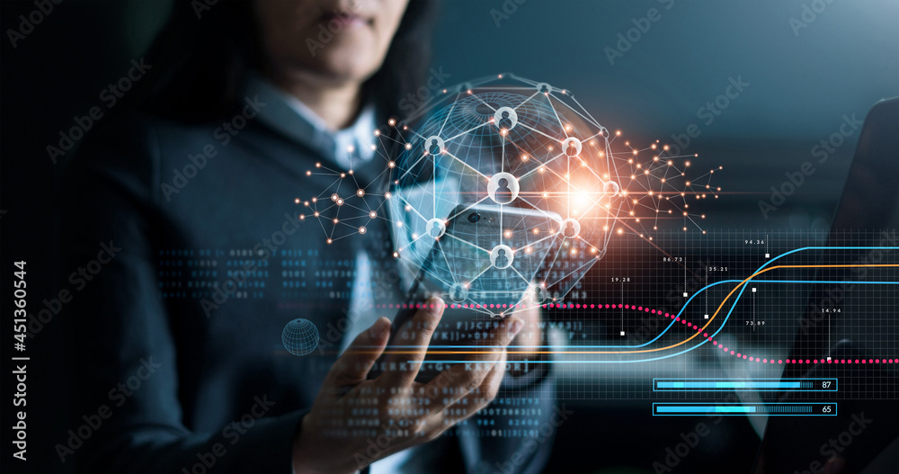 Poster .Business woman using mobile smartphone on global network connection and data customer connection on blue background, Digital marketing, Data exchanges,  Innovative and technology.