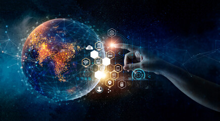 Hand touching earth and global network connection,  Telecommunication communication, Social media...