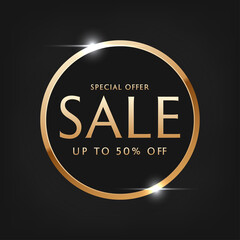 Special offer sale, golden text. Sale vector lettering of gold on black background.