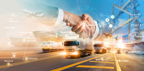 Smart logistics and transportation. Handshake for successful of investment deal teamwork and partnership business partners on logistic global network distribution. Business of transport industrial. - obrazy, fototapety, plakaty