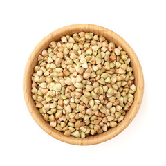 Buckwheat in wooden bowl isolated on white