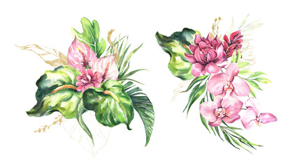 Watercolor summer invitations bouquets with hand painted tropical dried palm leaves, branches of green leaves, pink flowers. Romantic floral bouquet perfect for wedding greeting cards, invitation