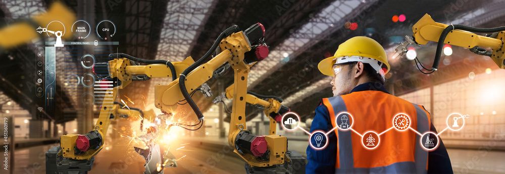 Aufkleber Industrial engineer analyzing. check and control welding robotics automatic arms machine in automotive industrial with interface on data real time. Digital manufacturing operation. Industry 4.0