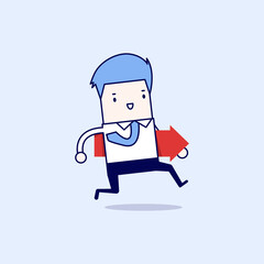 Businessman running and hold red arrow. Cartoon character thin line style vector.