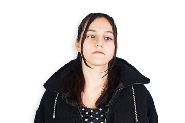 Hispanic teenage woman wearing black sheep jacket on white background. Fashion concept