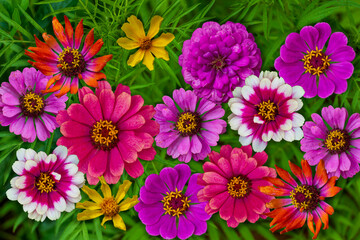 Fototapeta na wymiar beautiful flower borders with pink white orange garden flowers on a grassy green background