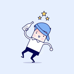 Drunk businessman with alcohol bottle. Cartoon character thin line style vector.