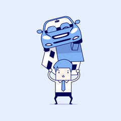 Businessman with debt carrying a home and car. Cartoon character thin line style vector.