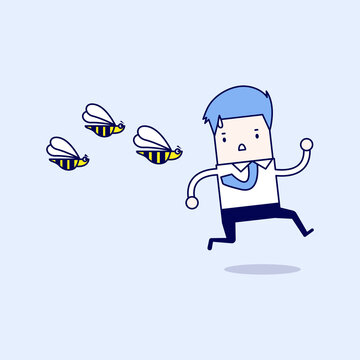 Businessman running away from dangerous insects. Cartoon character thin line style vector.