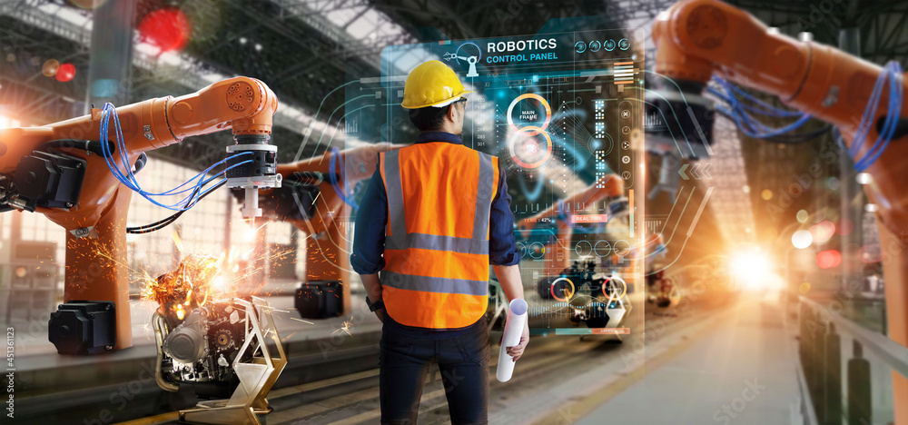 Poster .Engineer check and control welding robotics automatic arms machine on modern virtual interface in intelligent factory automotive industrial with monitoring system software. Digital manufacturing.