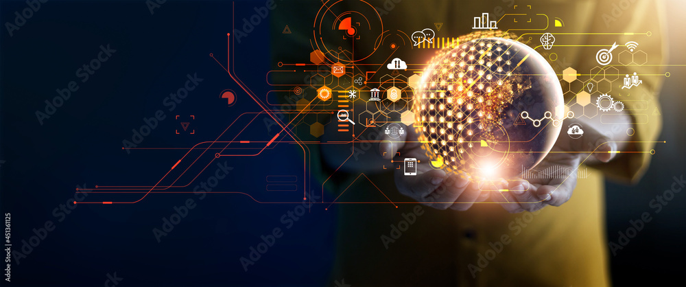 Aufkleber Businessman holding global structure networking and data exchanges customer connection. Economy. Financial and banking. Analysis sales data to digital marketing.