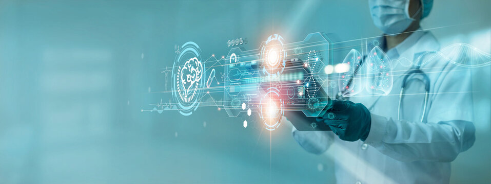 Medicine doctor research and analysis. Diagnose checking coronavirus or covid-19 testing result with virtual screen in laboratory, Innovative, Inhibition of disease outbreaks and Medical technology. - Powered by Adobe