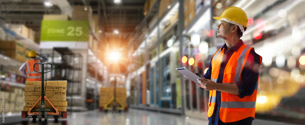 Poster Manager warehouse. Worker checking and loading products and tracking delivery with a tablet on global network. Import export.  Smart logistics and transportation concept.