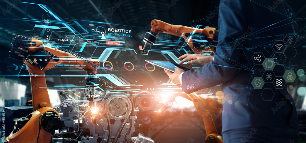Aufkleber Manager Technical Industrial Engineer working and control robotics with monitoring system software and icon industry network connection on tablet. AI, Artificial Intelligence, Automation robot arm.