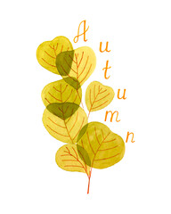 Autumn watercolor branch with leaves, inscription AUTUMN, hand drawing, vector, on a white background. For banner, postcard, background, backdrop. Vector illustration