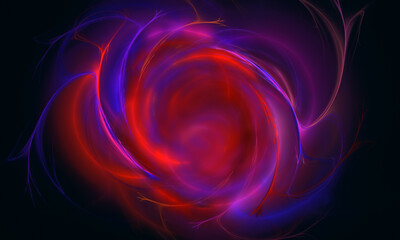 Magic and fantastic 3d vivid plasma vortex or funnel, energy discharge or astral flow in intense red blue violet pink colors and lights in deep dark space. Rotating cluster with rushing dynamic rays.
