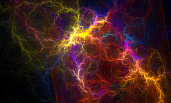 Vibrant 3d multicolored blue yellow red lightnings and flashes in deep dark space. Astral processes or brain work. Cosmic energy discharges, dynamic and chaotic rushing lights. Great as background.